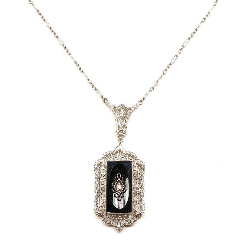 Deco 14k White Gold Filigree Onyx & Diamond Necklace