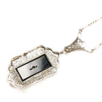 Deco 14k White Gold Filigree Onyx & Diamond Necklace