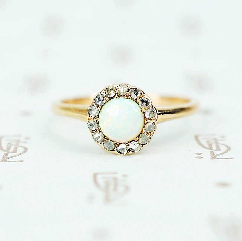 14k gold 1890's round opal surrounded by rose cut diamonds ring