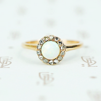 14k gold 1890's round opal surrounded by rose cut diamonds ring