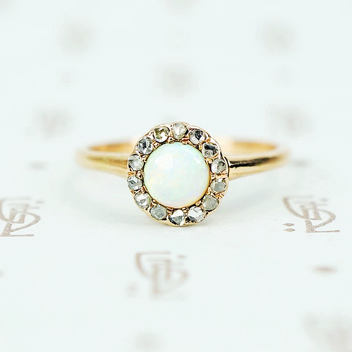 14k gold 1890's round opal surrounded by rose cut diamonds ring