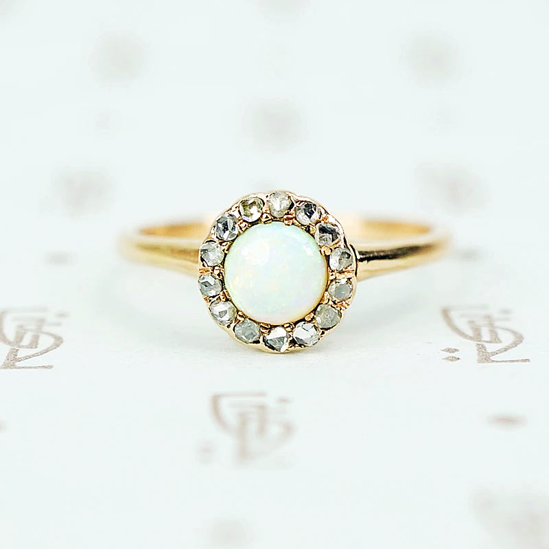 14k gold 1890's round opal surrounded by rose cut diamonds ring