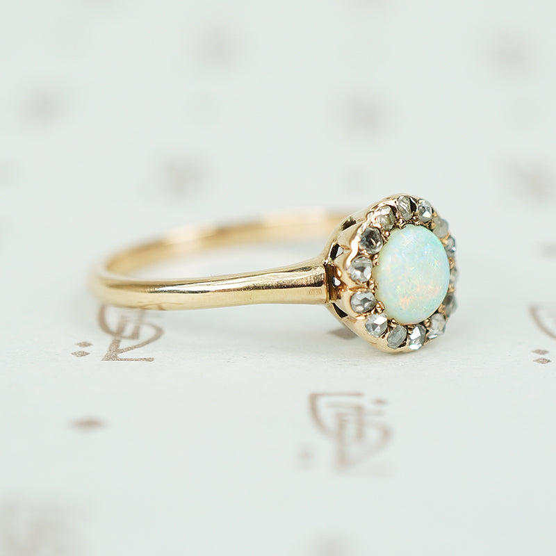 Antique Rose Cut Diamond Halo Opal Ring