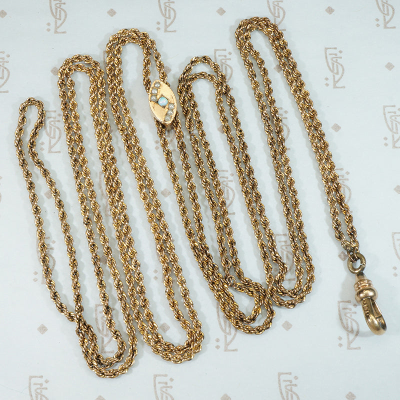 50" long gf rope chain with opal and pearl slide and hook