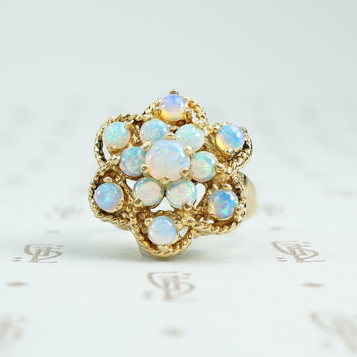 glowing opal 14k yellow gold cluster ring c1960