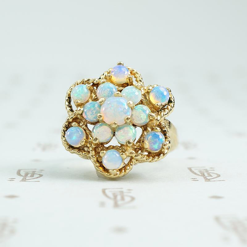 glowing opal 14k yellow gold cluster ring c1960