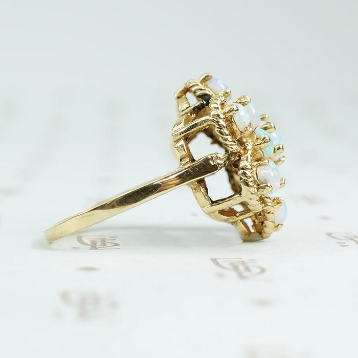 glowing opal 14k yellow gold cluster ring c1960 side view