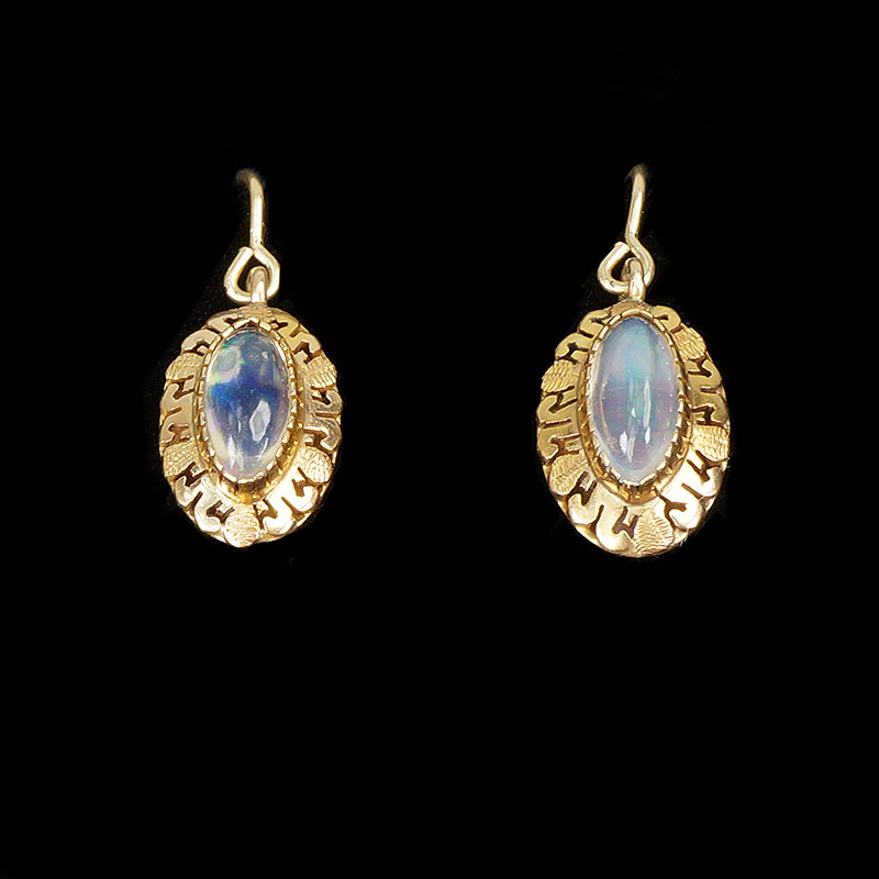 14k yellow gold jelly opal earrings on wires for pierced ears