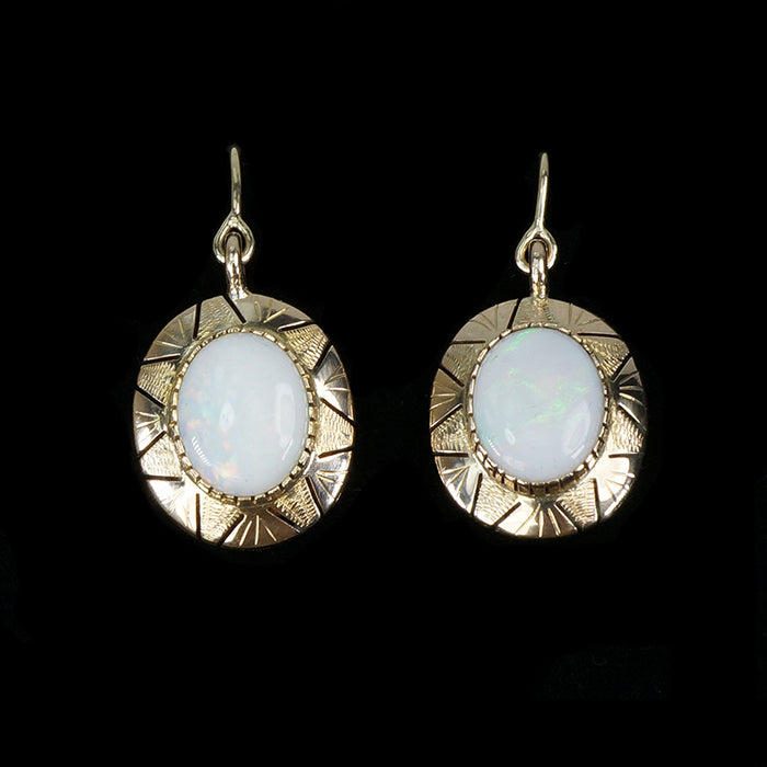 vintage opal earrings in 14k yellow gold with south american sun design