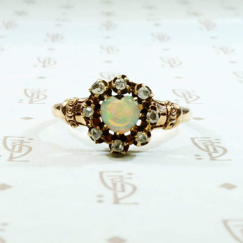 opal heart with rose cut diamond halo rose gold ring