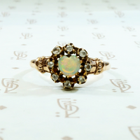 opal heart with rose cut diamond halo rose gold ring