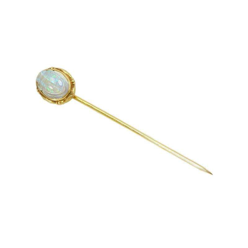 Antique Carved Opal Scarab Stick Pin in Gold