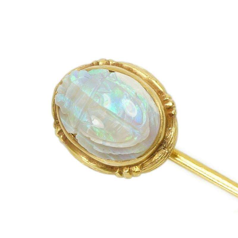 Antique Carved Opal Scarab Stick Pin in Gold