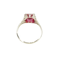 detail view of white gold filigree red ruby ring