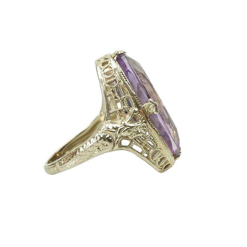 Vintage White Gold Amethyst Fligree Ring Dragon Detail