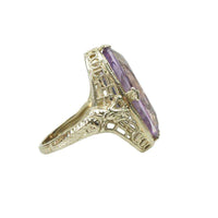 Vintage White Gold Amethyst Fligree Ring Dragon Detail