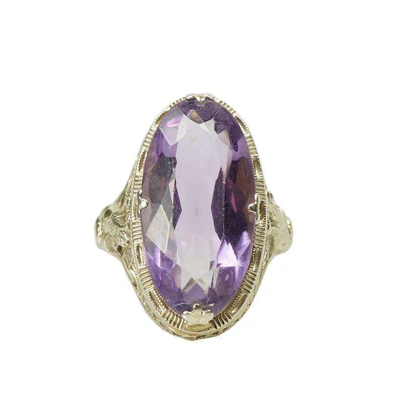 Vintage White Gold Amethyst Fligree Ring Dragon Detail