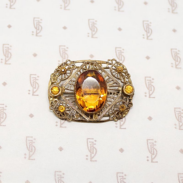 Delicate Autumn-Toned Brass & Glass Brooch