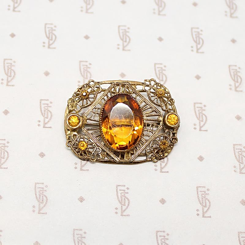Delicate Autumn-Toned Brass & Glass Brooch