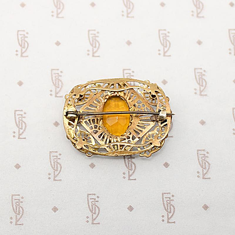 Delicate Autumn-Toned Brass & Glass Brooch