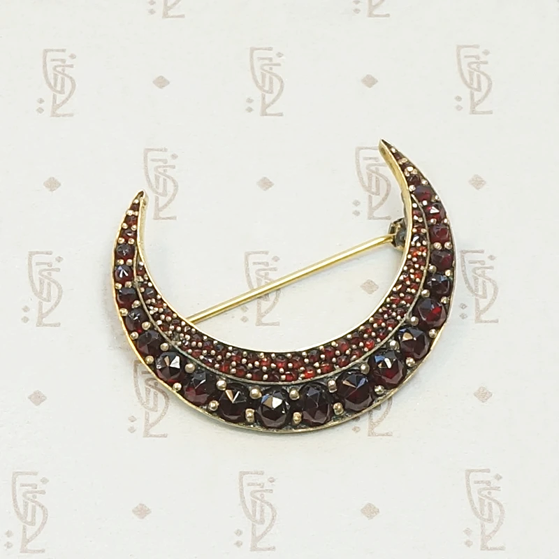 Glamorous Garnet Victorian Crescent Moon Brooch