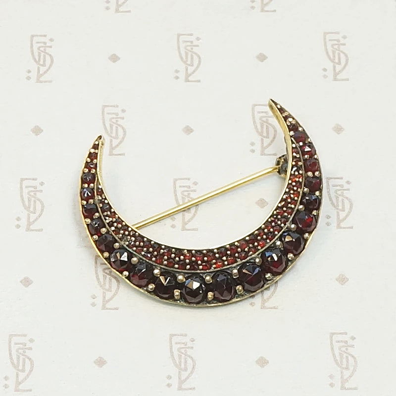 Glamorous Garnet Victorian Crescent Moon Brooch