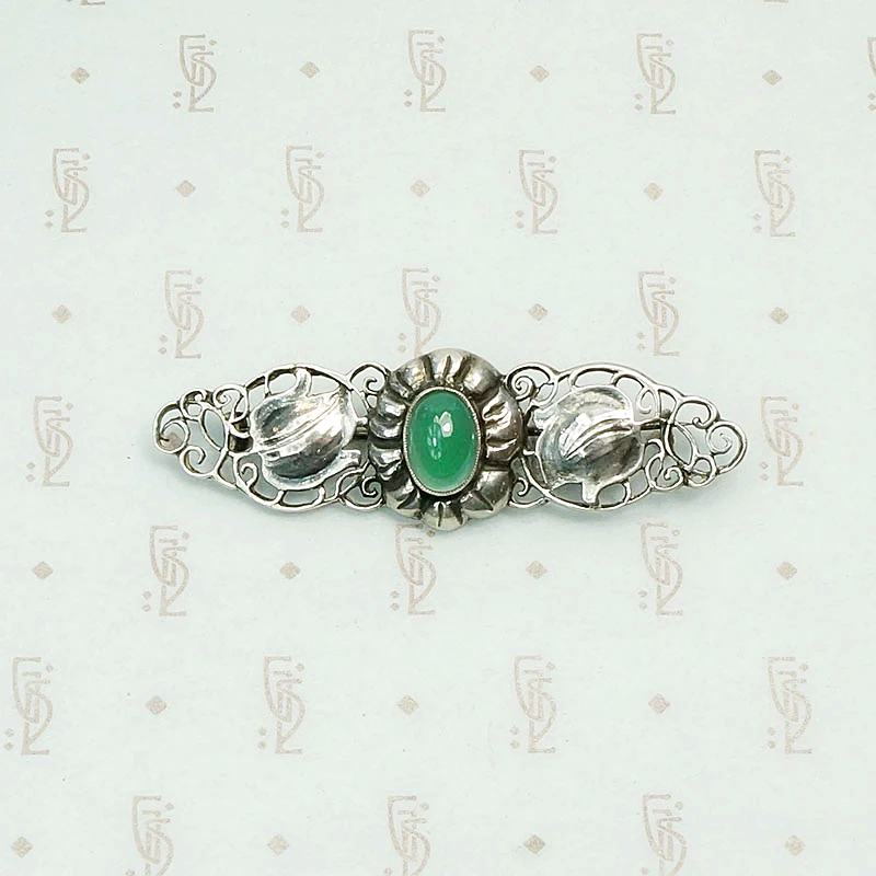 Swedish Brooch in Silver and Green Chalcedony