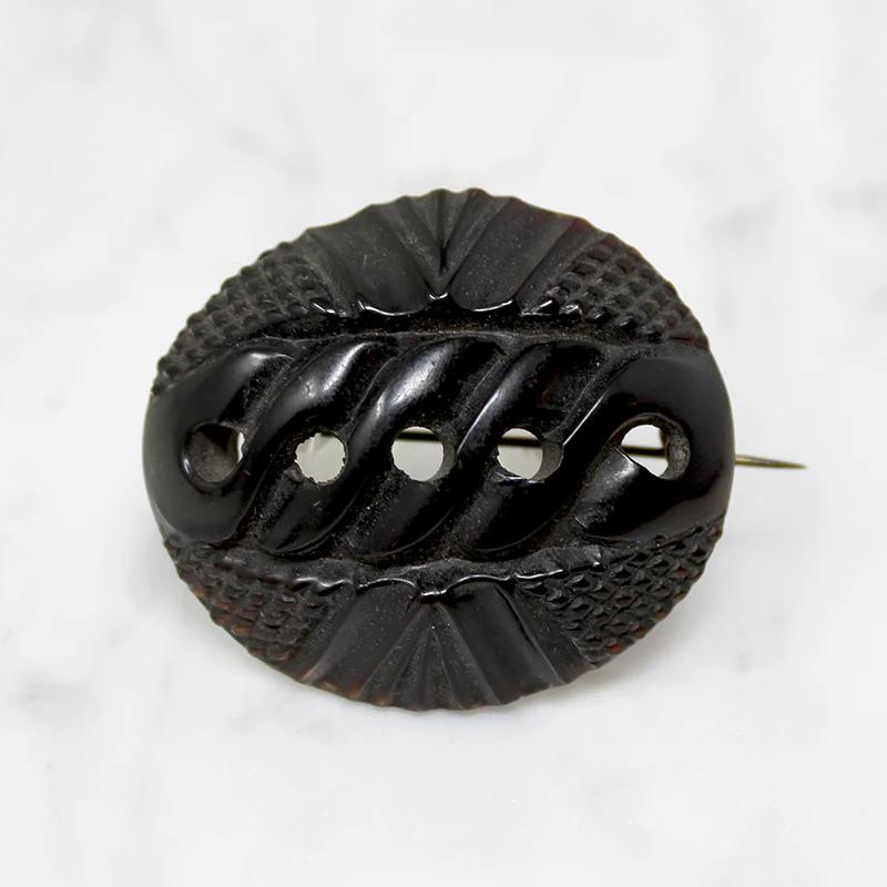 Carved Horn Victorian Mourning Brooch