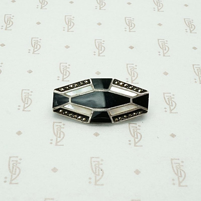 Onyx & Mother of Pearl Brooch in Sterling Silver