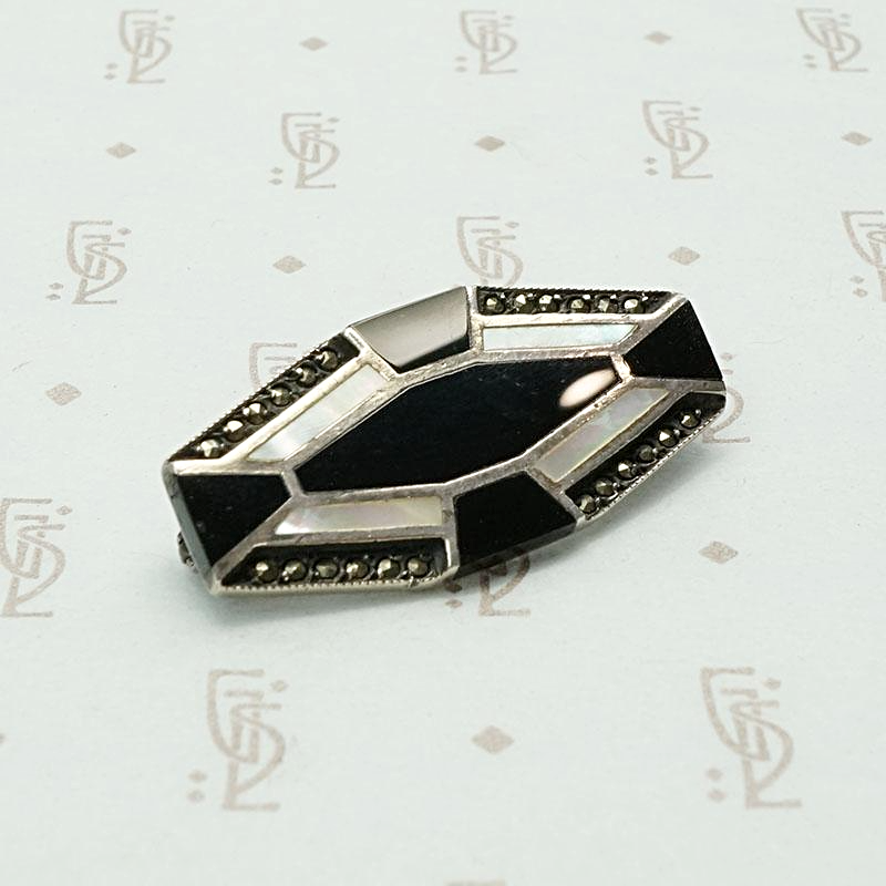 Onyx & Mother of Pearl Brooch in Sterling Silver