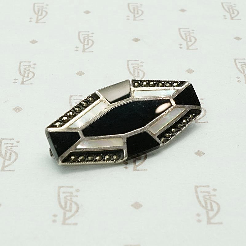 Onyx & Mother of Pearl Brooch in Sterling Silver