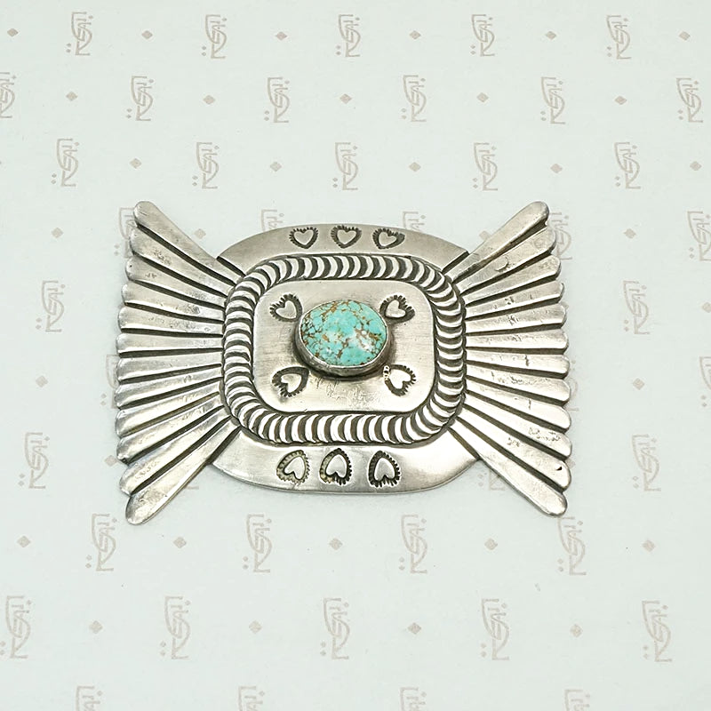 Large Silver & Turquoise Brooch with Hearts
