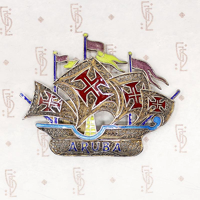 silver gilt filigree enamel ship brooch