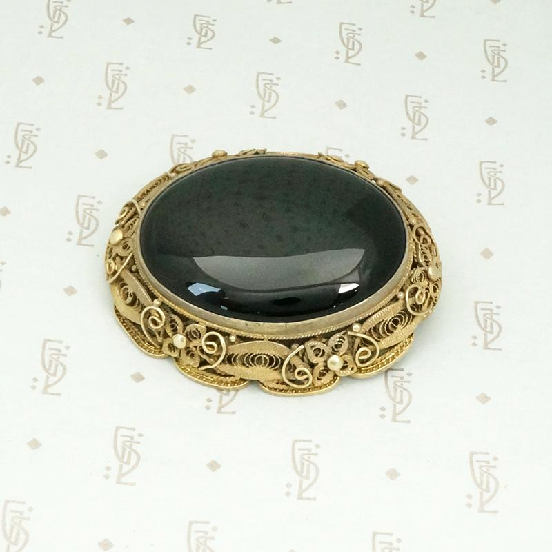 Exquisite Silver Gilt Filigree & Onyx Chinese Brooch