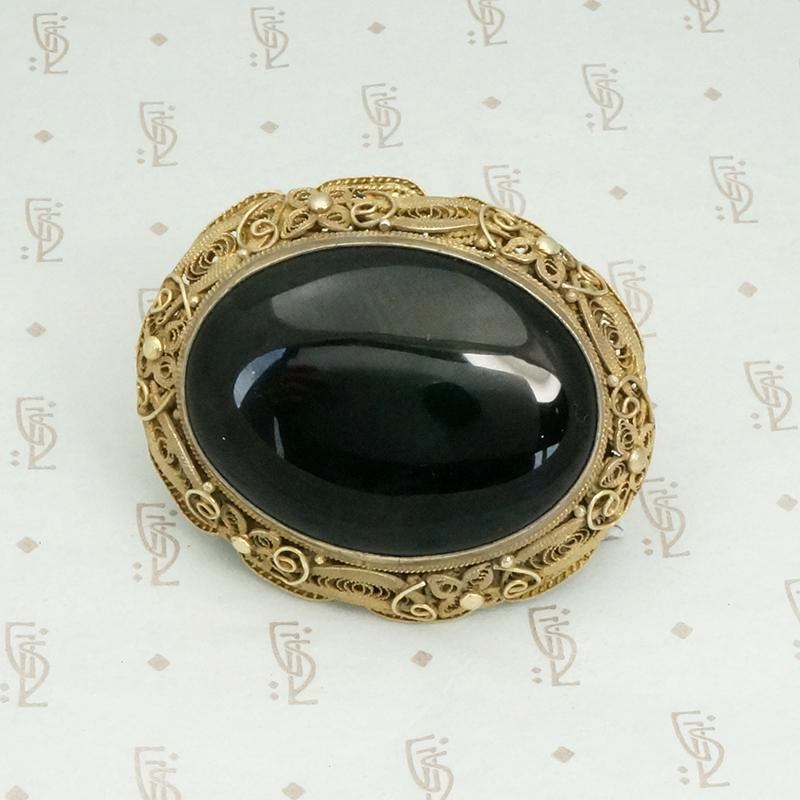 Exquisite Silver Gilt Filigree & Onyx Chinese Brooch