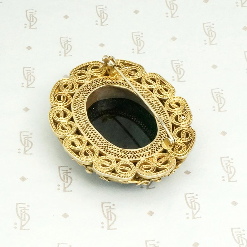 Exquisite Silver Gilt Filigree & Onyx Chinese Brooch
