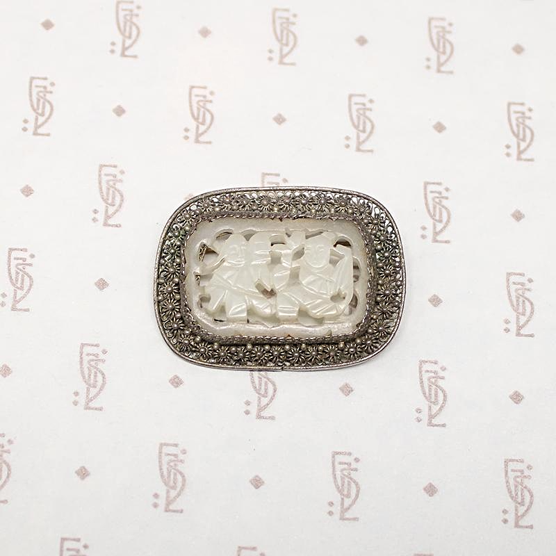 Two Dancers Mutton Fat Jade Filigree Brooch