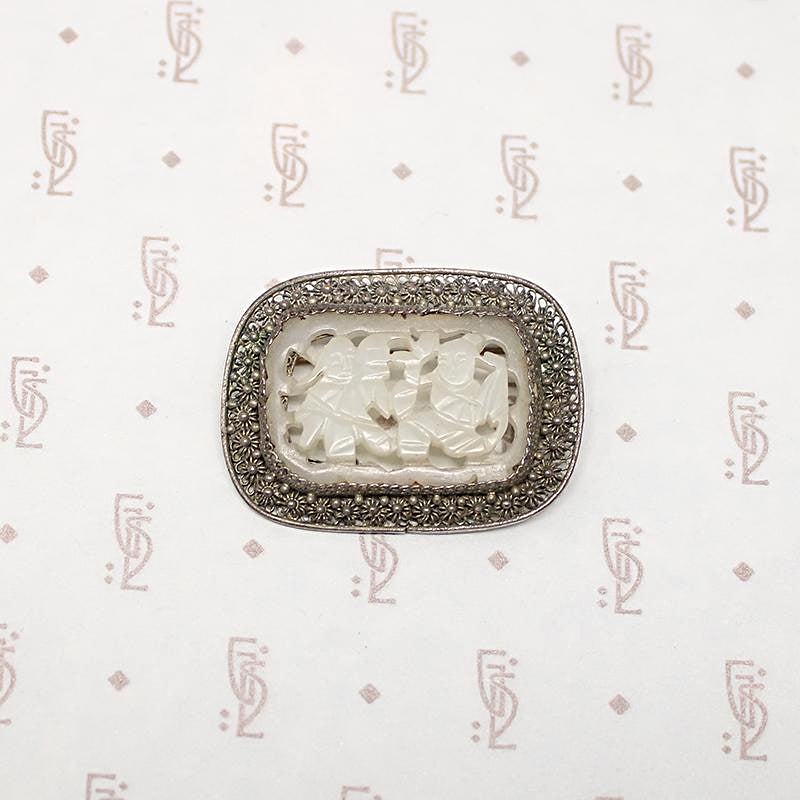 Two Dancers Mutton Fat Jade Filigree Brooch