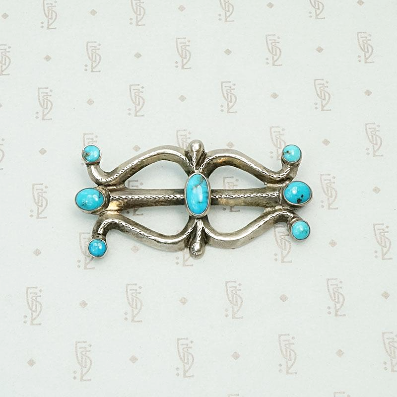 Sand Cast Silver & Turquoise 1940s Brooch