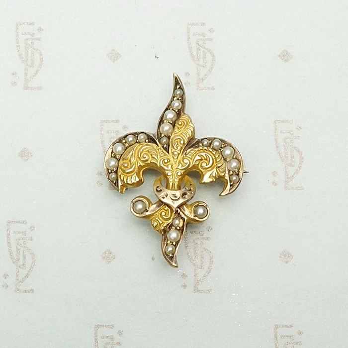 Stylized Fleur de Lis Brooch with Pearls