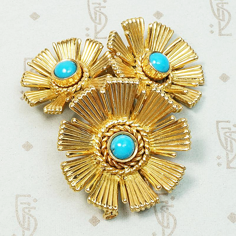 French 18K Gold & Persian Turquoise Flower Brooch