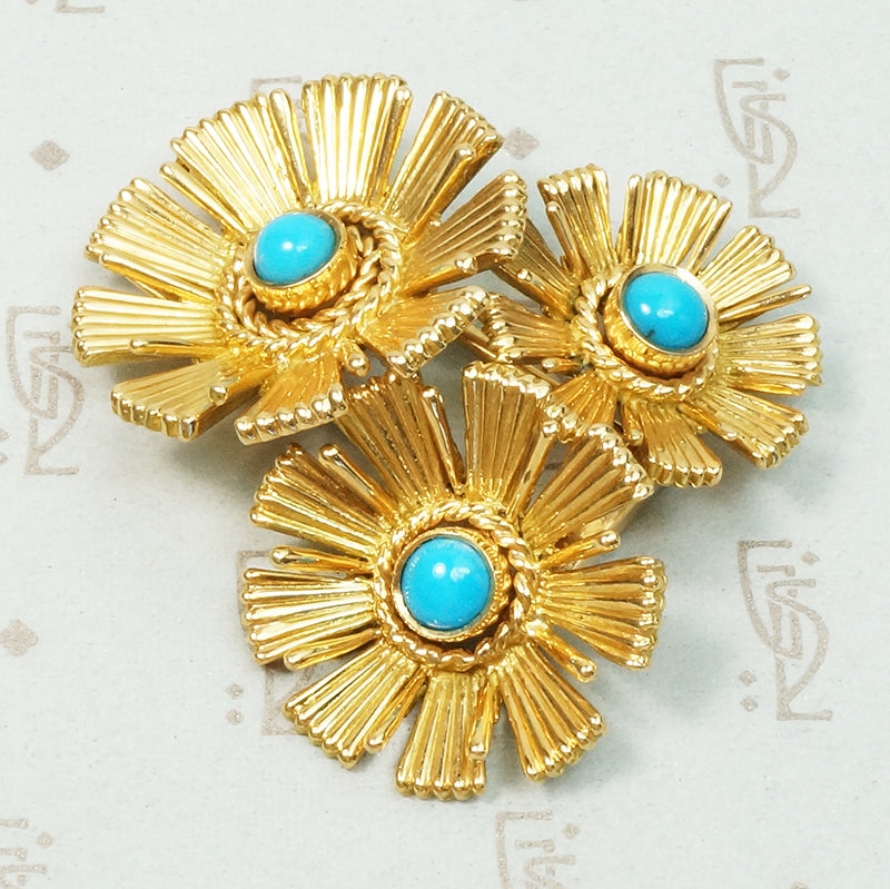 French 18K Gold & Persian Turquoise Flower Brooch