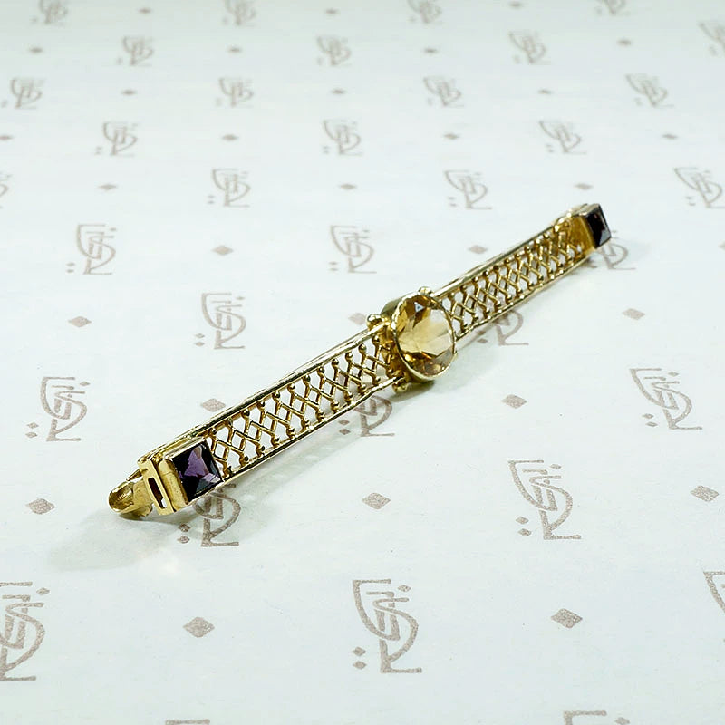 Citrine & Amethyst Gold Filigree Bar Pin
