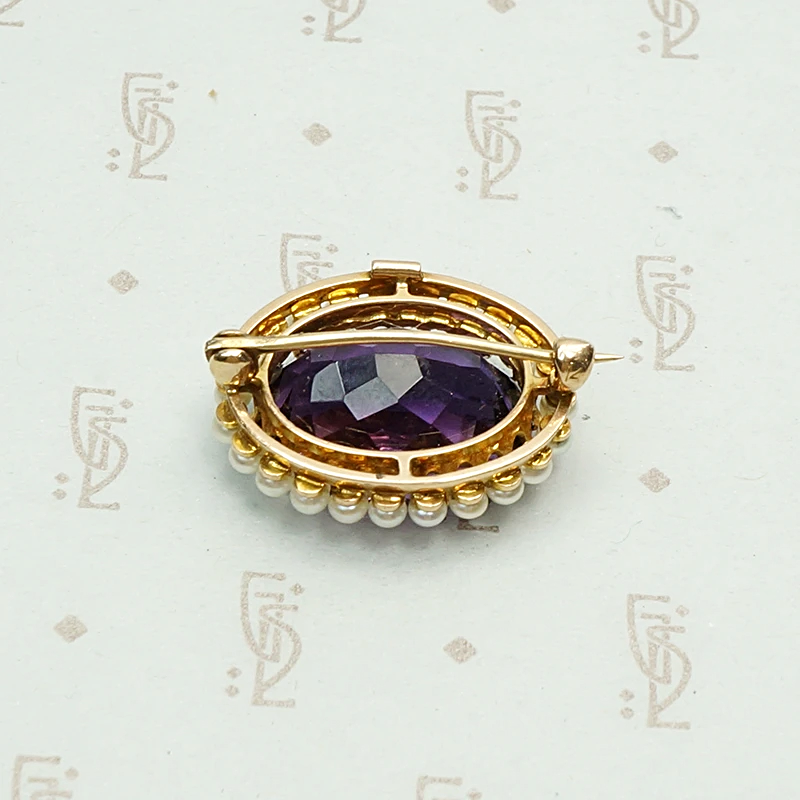 Rich Purple Amethyst Brooch with Pearl Halo. Back view.