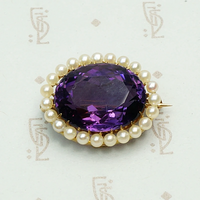 Rich Purple Amethyst Brooch with Pearl Halo. Detail view.