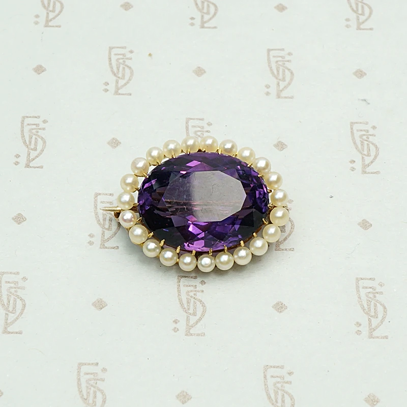 Rich Purple Amethyst Brooch with Pearl Halo