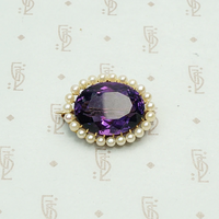 Rich Purple Amethyst Brooch with Pearl Halo