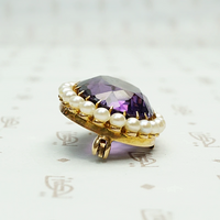 Rich Purple Amethyst Brooch with Pearl Halo. Side view.