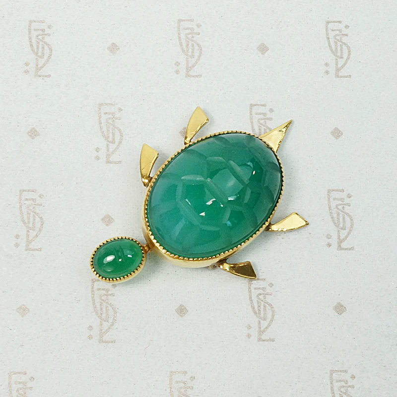 Charming Chrysoprase Turtle Pin with Scarab Head
