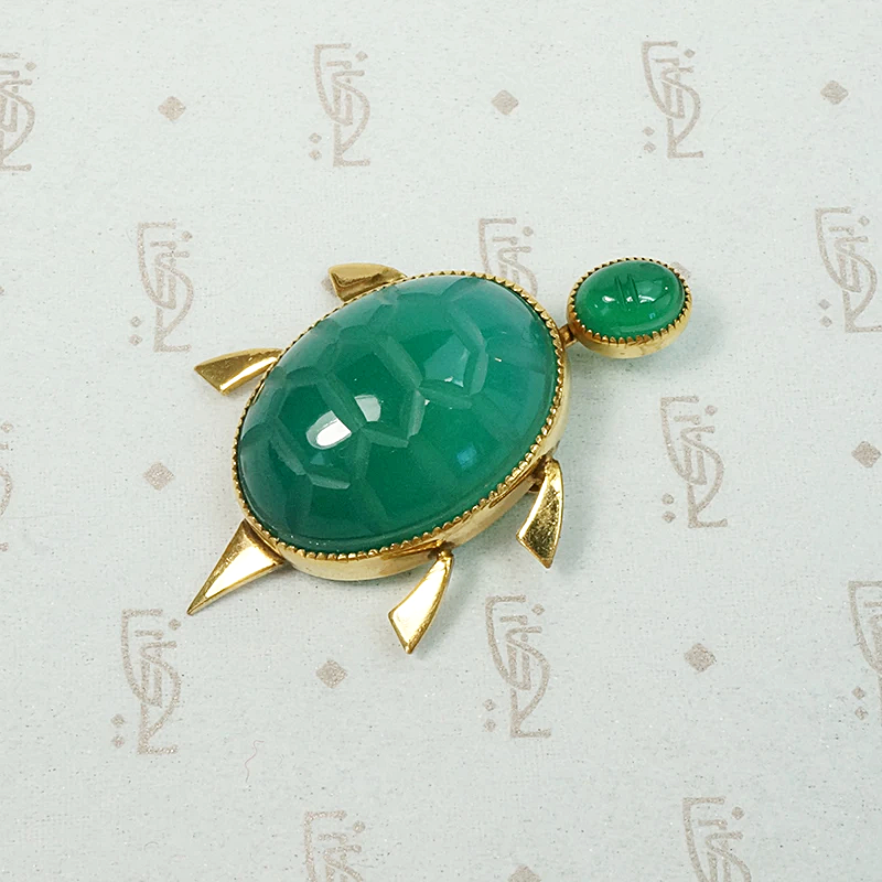 Charming Chrysoprase Turtle Pin with Scarab Head